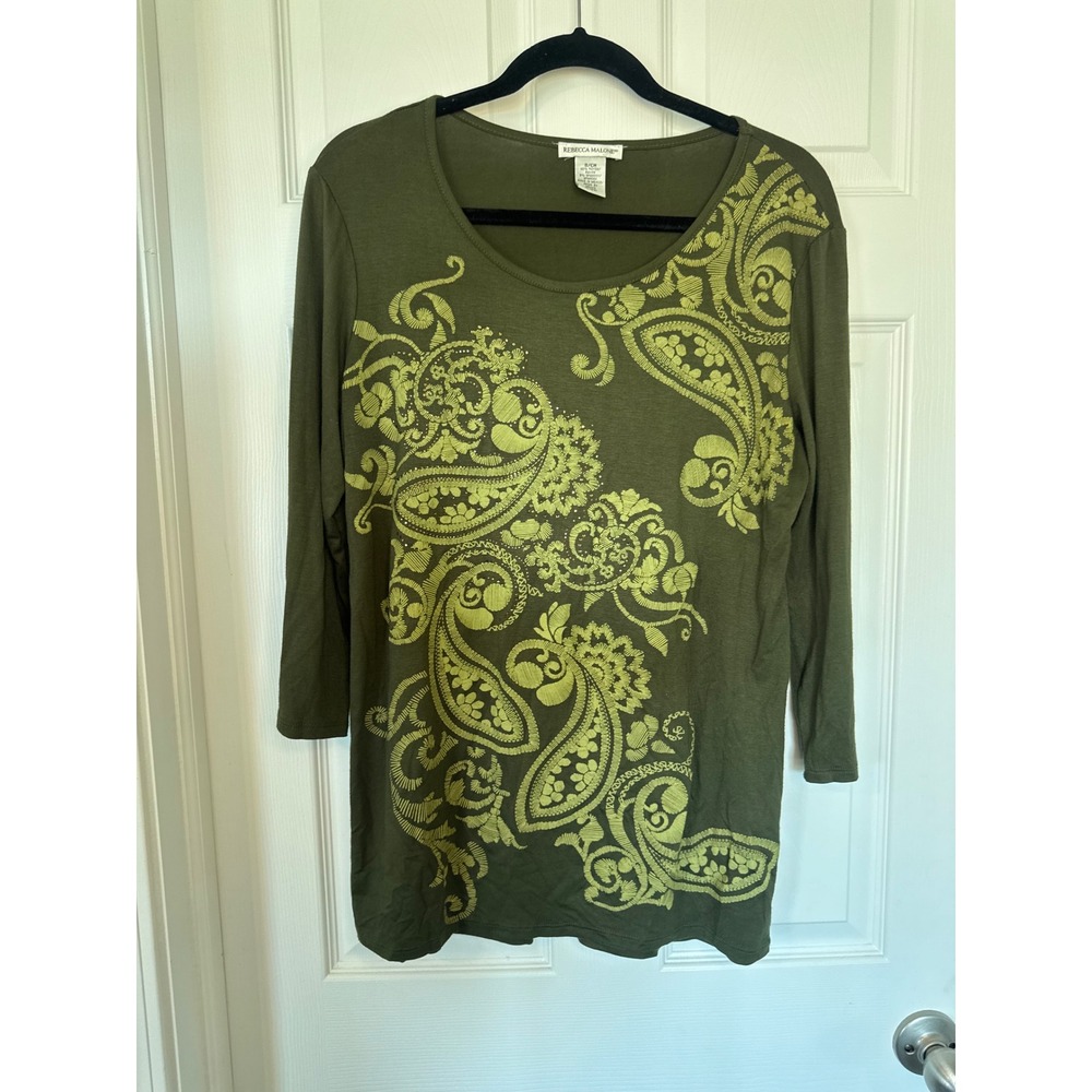 Rebecca Malone Olive Green Paisley Embroidered Rhinestone Top Womens Small